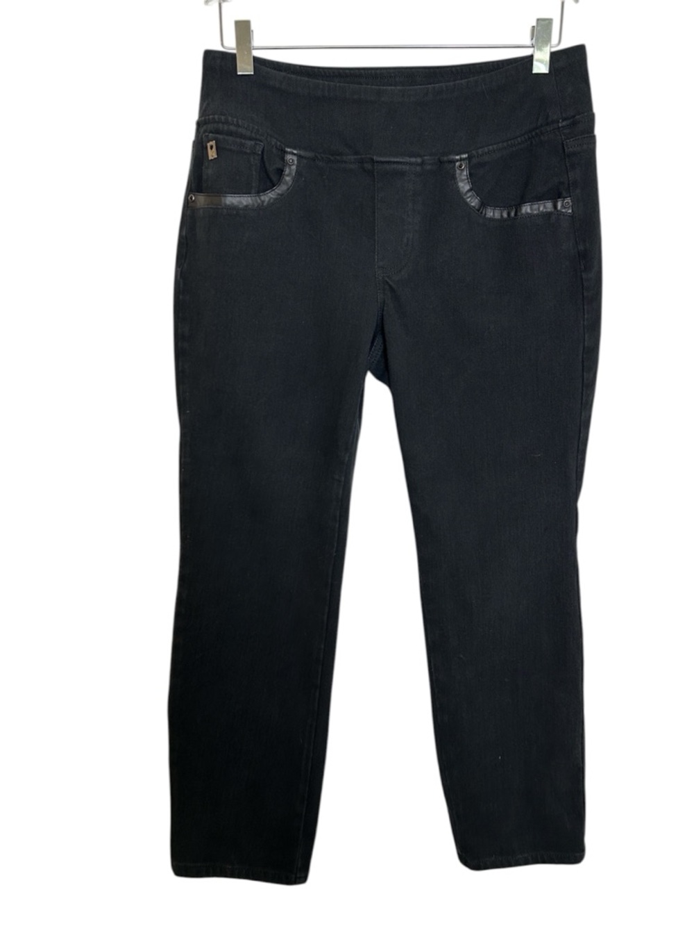 Like New Belle Kim Gravel Size 12P Dark Black Denim Pull On Straight Leg Jeans